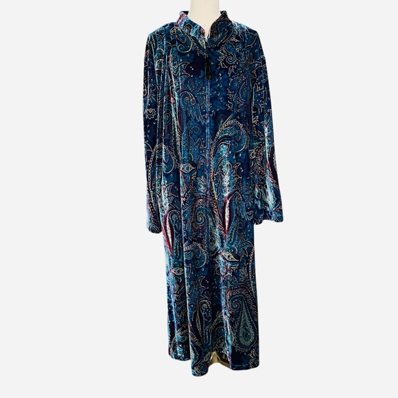 Sante' Vintage Blue Paisley Print Velour Full Length Front Zip Robe Size 2X - Picture 5 of 9